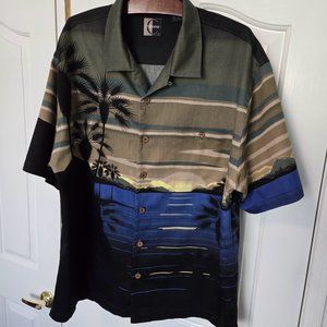 Vintage Chiliwear Tropical Scenic Button‑Down Shirt Blue Green 100% Cotton L